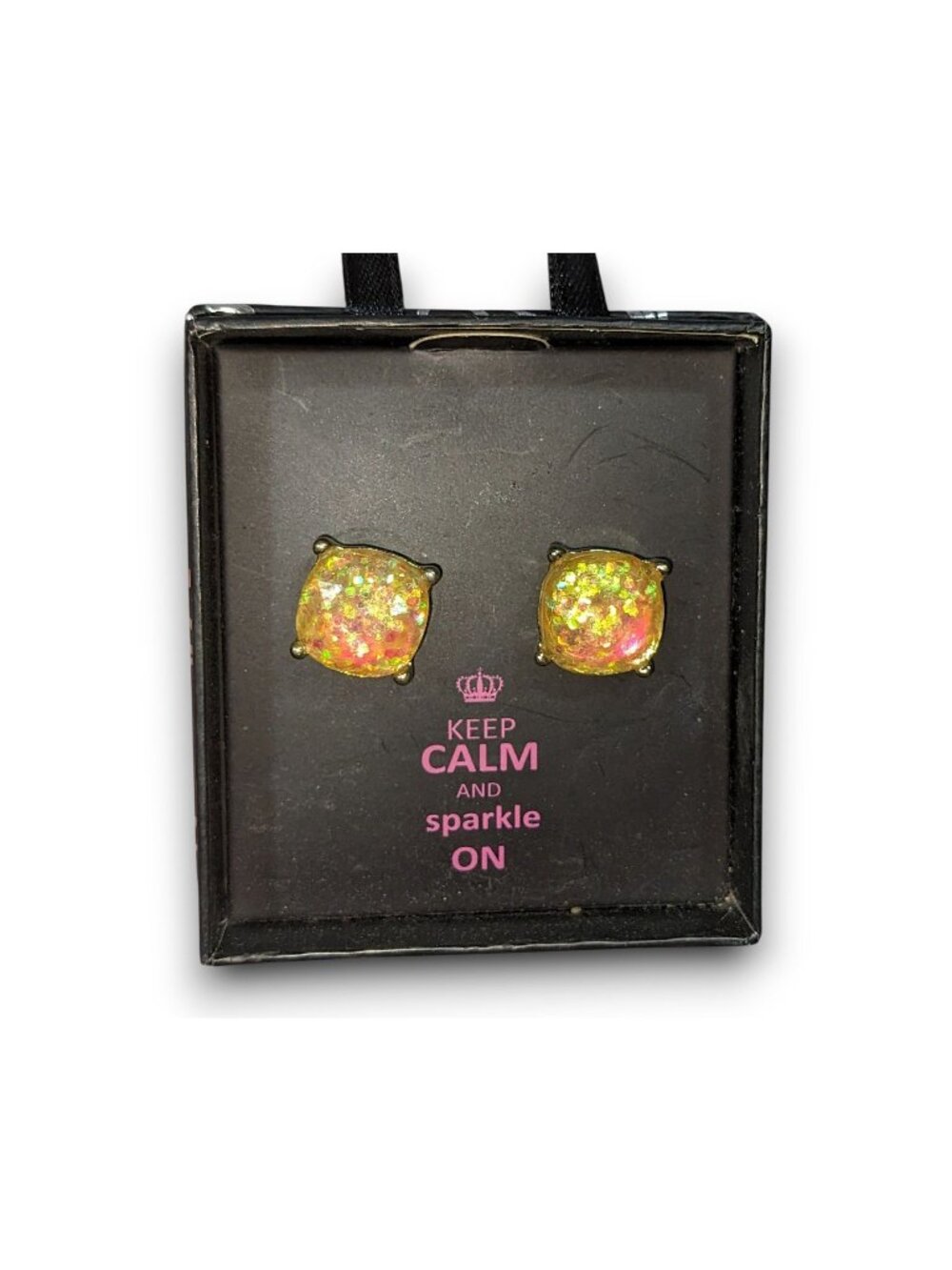 Glam Glitter Acrylic Yellow Iridescent Stud Earrings NIB